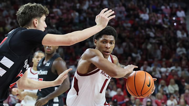 Arkansas Razorbacks guard Meleek Thomas (1) drives in the second half against the Cincinnati Bearcats at Bud Walton Arena. Arkansas won 89-61.