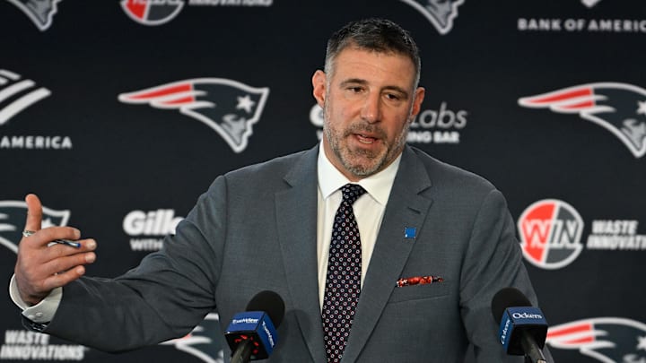 Jan 13, 2025; Foxborough, MA, USA; Mike Vrabel addresses media at a press conference at Gillette Stadium to announce his hiring as the New England Patriots head coach. Mandatory Credit: Eric Canha-Imagn Images
