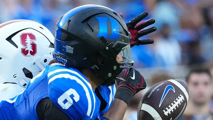 Sep 19, 2026; Durham, North Carolina, USA; Stanford Cardinal cornerback Jay Green (5) breaks up the pass attempt to Duke Blue Devils wide receiver Jonah Burton (6) during the second half at Wallace Wade Stadium. Mandatory Credit: James Guillory-Imagn Images Sep 19, 2026; Durham, North Carolina, USA; Stanford Cardinal cornerback Jay Green (5) breaks up the pass attempt to Duke Blue Devils wide receiver Jonah Burton (6) during the second half at Wallace Wade Stadium. Mandatory Credit: James Guillory-Imagn Images