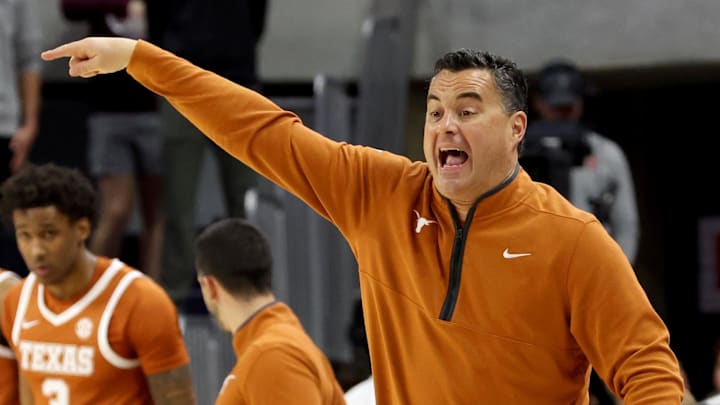 Jan 28, 2026; Auburn, Alabama, USA;  Texas Longhorns head coach Sean Miller directs his team during the first half against the Auburn Tigers at Neville Arena. Mandatory Credit: John Reed-Imagn Images