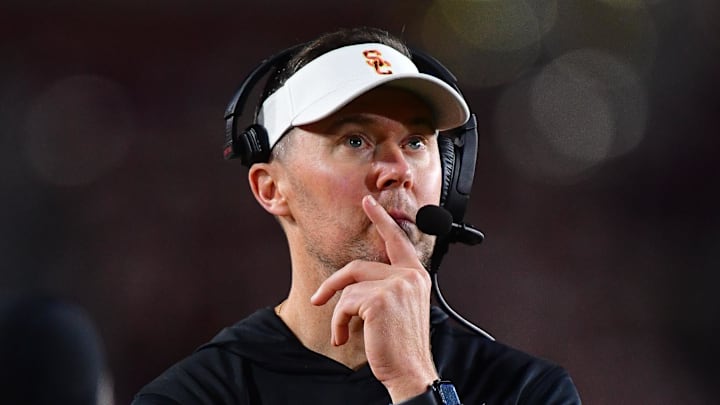 Nov 7, 2025; Los Angeles, California, USA; Southern California Trojans head coach Lincoln Riley watches game action against the Northwestern Wildcats during the second half at the Los Angeles Memorial Coliseum. Mandatory Credit: Gary A. Vasquez-Imagn Images