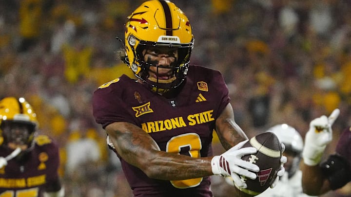 Arizona State wide receiver Jordyn Tyson (0) scores a touchdown against NAU during a game at Mountain America Stadium in Tempe on Aug. 30, 2025. Arizona State wide receiver Jordyn Tyson (0) scores a touchdown against NAU during a game at Mountain America Stadium in Tempe on Aug. 30, 2025.