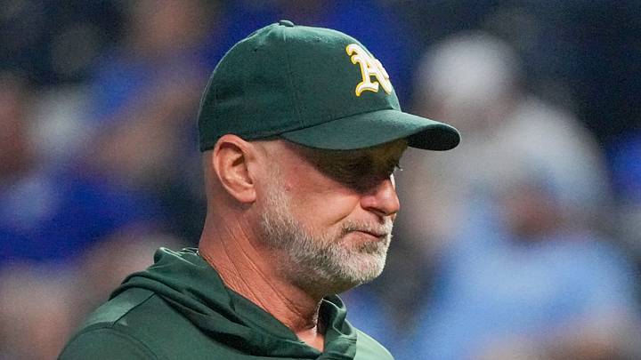 Aug 19, 2026; Kansas City, Missouri, USA; Athletics manager Mark Kotsay (7) returns to the dugout after a pitching change against the Kansas City Royals during the sixth inning at Kauffman Stadium. Mandatory Credit: Denny Medley-Imagn Images Aug 19, 2026; Kansas City, Missouri, USA; Athletics manager Mark Kotsay (7) returns to the dugout after a pitching change against the Kansas City Royals during the sixth inning at Kauffman Stadium. Mandatory Credit: Denny Medley-Imagn Images