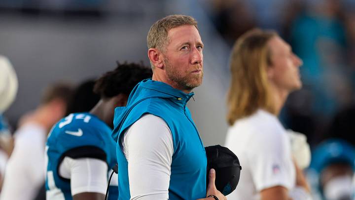 Jacksonville Jaguars head coach Liam Coen looks on during the national anthem before an NFL preseason football matchup at EverBank Stadum on Friday, Aug. 28, 2026 in Jacksonville, Fla. [Corey Perrine/Florida Times-Union]