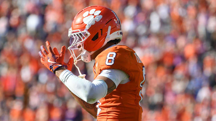 Clemson Tigers cornerback Avieon Terrell (8) reacts to a pass interference call Saturday, Nov. 1, 2025, during the NCAA football game against the Duke Blue Devils at Memorial Stadium in Clemson, South Carolina. Clemson Tigers cornerback Avieon Terrell (8) reacts to a pass interference call Saturday, Nov. 1, 2025, during the NCAA football game against the Duke Blue Devils at Memorial Stadium in Clemson, South Carolina.