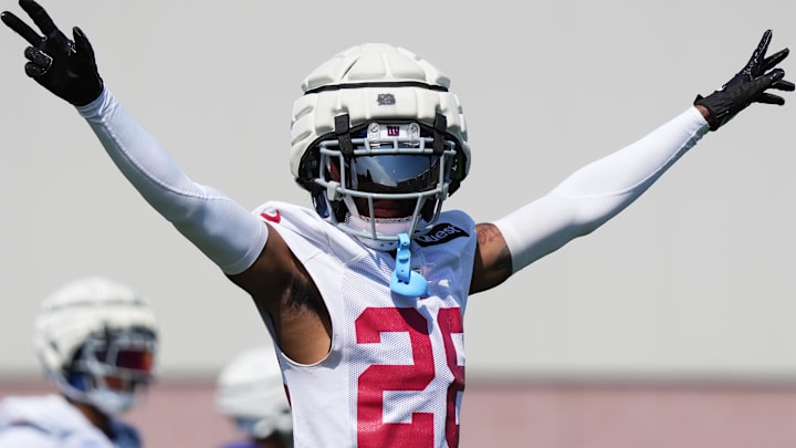 Jul 26, 2024; East Rutherford, NJ, USA; New York Giants cornerback Cordale Flott (28) reacts during training camp at Quest Diagnostics Training Center. Mandatory Credit: Lucas Boland-Imagn Images