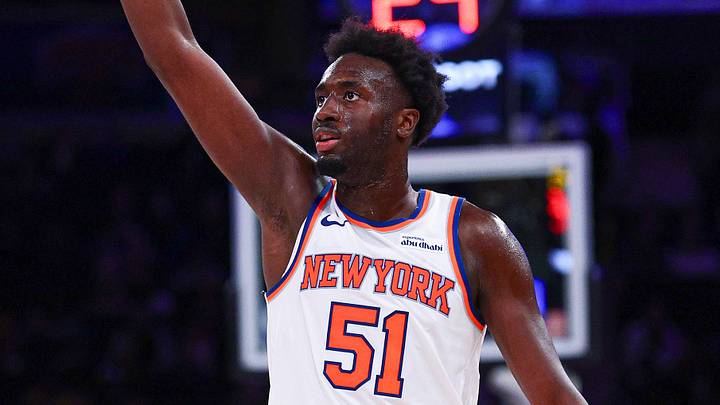 Oct 15, 2026; New York, New York, USA;  New York Knicks small forward Mohamed Diawara (51) looks up after a shot during the second half against the Toronto Raptors at Madison Square Garden.  Mandatory Credit: Vincent Carchietta-Imagn Images