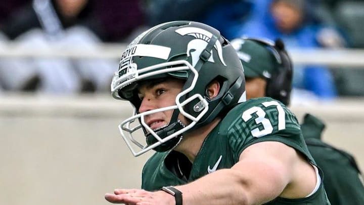 Michigan State's Liam Boyd kicks a field goal during the football Spring Showcase on Saturday, April 18, 2026, at Spartan Stadium in East Lansing.