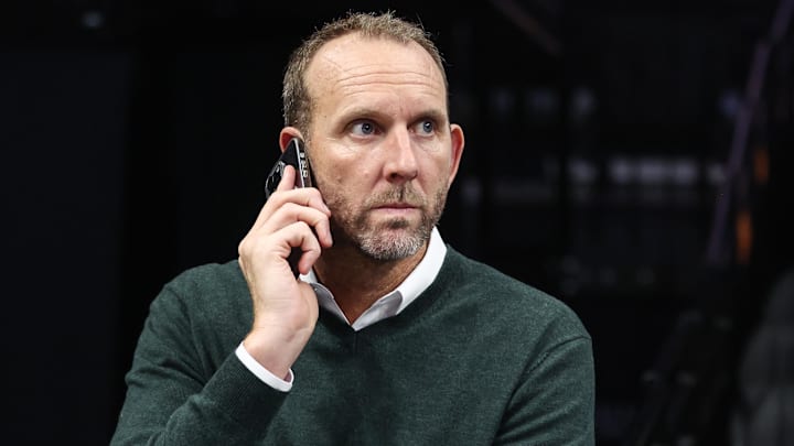Oct 29, 2025; Brooklyn, New York, USA; Brooklyn Nets General Manager Sean Marks looks on during warmups prior to the game against the Atlanta Hawks at Barclays Center. Mandatory Credit: Wendell Cruz-Imagn Images