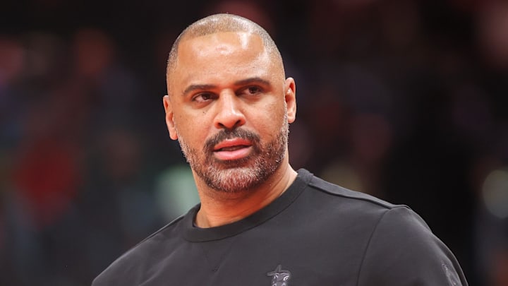Jan 29, 2026; Atlanta, Georgia, USA; Houston Rockets head coach Ime Udoka during a timeout against the Atlanta Hawks in the first quarter at State Farm Arena. Mandatory Credit: Brett Davis-Imagn Images