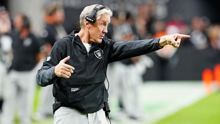 Oct 12, 2025; Paradise, Nevada, USA; Las Vegas Raiders head coach Pete Carroll reacts on the sidelines during the second half against the Tennessee Titans at Allegiant Stadium. Mandatory Credit: Stephen R. Sylvanie-Imagn Images
