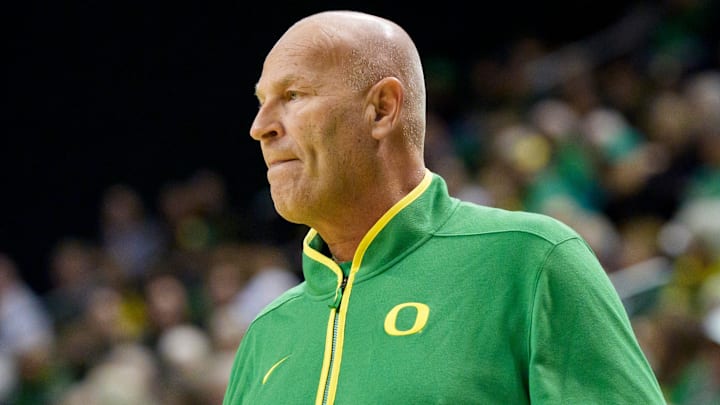 Oregon head coach Kelly Graves watches his team as the Oregon Ducks host the Penn State Nittany Lions on Jan. 24, 2026, at Matthew Knight Arena in Eugene, Oregon.