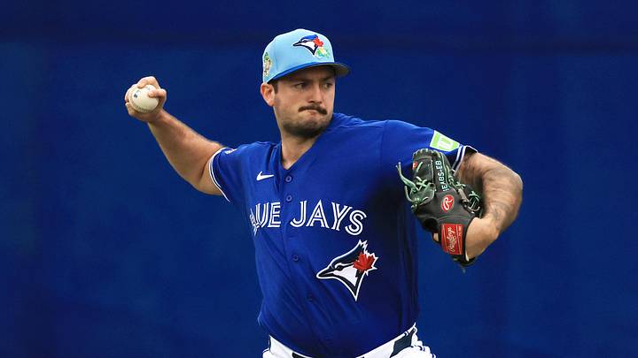 Toronto Blue Jays pitcher Connor Seabold (91) works out for spring training practice. 