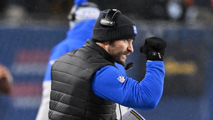 Jan 18, 2026; Chicago, IL, USA; Los Angeles Rams head coach Sean McVay reacts after a defensive stop against the Chicago Bears during the fourth quarter of an NFC Divisional Round game at Soldier Field. Mandatory Credit: Matt Marton-Imagn Images