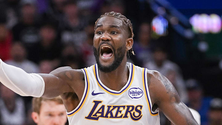 Oct 26, 2025; Sacramento, California, USA; Los Angeles Lakers center Deandre Ayton (5) reacts to a call during the fourth quarter of the game against the Sacramento Kings at Golden 1 Center. Mandatory Credit: Ed Szczepanski-Imagn Images