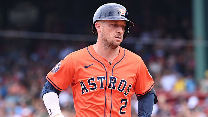 Aug 11, 2024; Boston, Massachusetts, USA; Houston Astros third baseman Alex Bregman (2) runs out the bases after hitting a three-run home run against the Boston Red Sox during the fifth inning at Fenway Park