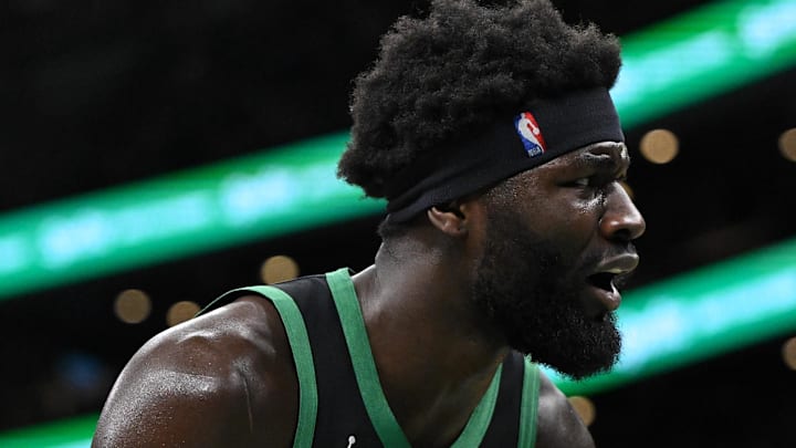 Mar 14, 2026; Boston, Massachusetts, USA; Boston Celtics center Neemias Queta (88) reacts after being called for a foul against the Washington Wizards during the first half at the TD Garden. Mandatory Credit: Brian Fluharty-Imagn Images