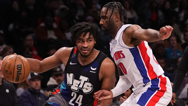 Apr 6, 2024; Brooklyn, New York, USA; Brooklyn Nets shooting guard Cam Thomas (24) drives the ball against Detroit Pistons shooting guard Jaylen Nowell (20) during the second half at Barclays Center. Mandatory Credit: Gregory Fisher-Imagn Images Apr 6, 2024; Brooklyn, New York, USA; Brooklyn Nets shooting guard Cam Thomas (24) drives the ball against Detroit Pistons shooting guard Jaylen Nowell (20) during the second half at Barclays Center. Mandatory Credit: Gregory Fisher-Imagn Images