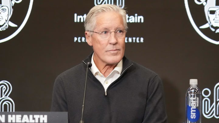 Jan 27, 2025; Las Vegas, NV, USA; Las Vegas Raiders coach Pete Carroll at press conference at Intermountain Health Performance Center. Mandatory Credit: Kirby Lee-Imagn Images Jan 27, 2025; Las Vegas, NV, USA; Las Vegas Raiders coach Pete Carroll at press conference at Intermountain Health Performance Center. Mandatory Credit: Kirby Lee-Imagn Images