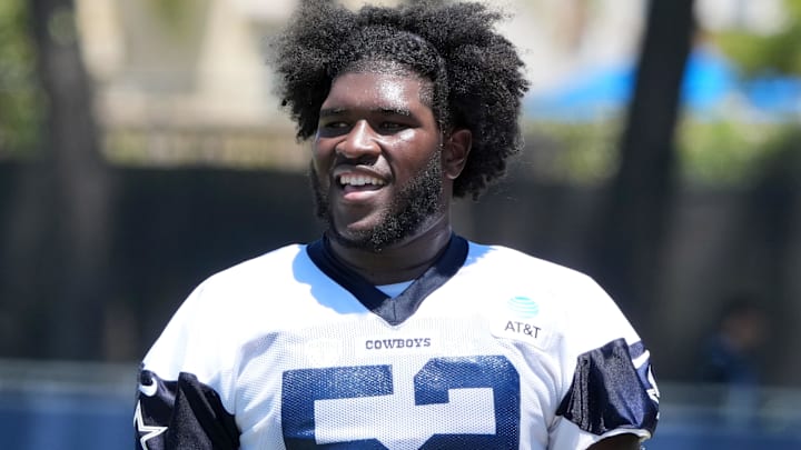 Dallas Cowboys guard Tyler Booker at training camp at the River Ridge Fields.
