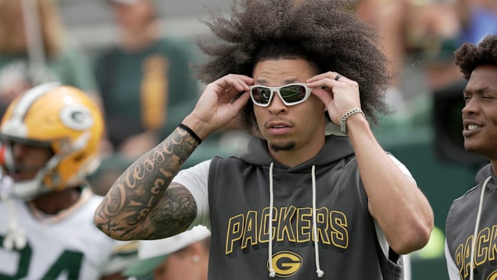 Green Bay Packers wide receiver Christian Watson (9) is shown before their preseason game against there Seattle Seahawks. Green Bay Packers wide receiver Christian Watson (9) is shown before their preseason game against there Seattle Seahawks.