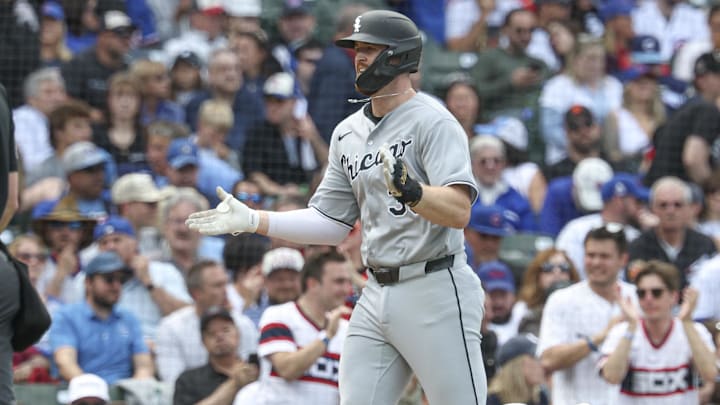 Chicago White Sox first baseman Tim Elko (30) rounds the bases after hitting a solo home run against the Chicago Cubs at Wrigley Field. Chicago White Sox first baseman Tim Elko (30) rounds the bases after hitting a solo home run against the Chicago Cubs at Wrigley Field.
