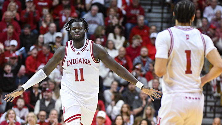 Indiana center Oumar Ballo (11) celebrates after a dunk against USC at Simon Skjodt Assembly Hall. Indiana center Oumar Ballo (11) celebrates after a dunk against USC at Simon Skjodt Assembly Hall.