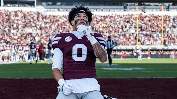 Mississippi State wide receiver Brenen Thompson (0) looks to the sky before a college football game between Mississippi State and Ole Miss at Davis Wade Stadium in Starkville, Miss., on Friday, Nov. 28, 2025. Ole Miss defeated Mississippi State 38-19 in the Egg Bowl.