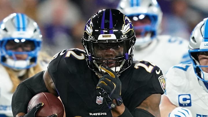 Baltimore Ravens running back Derrick Henry rushes the ball against the Detroit Lions. Baltimore Ravens running back Derrick Henry rushes the ball against the Detroit Lions.
