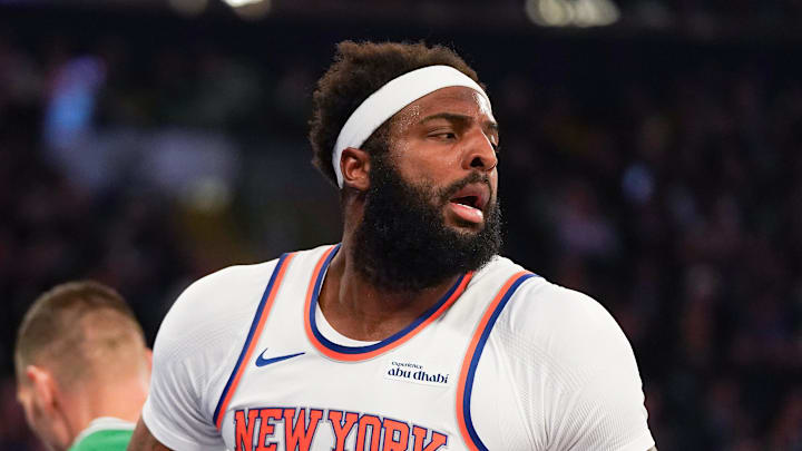 Apr 9, 2026; New York, New York, USA; New York Knicks center Mitchell Robinson (23) reacts after scoring during the first half against the Boston Celtics at Madison Square Garden. Mandatory Credit: Lucas Boland-Imagn Images