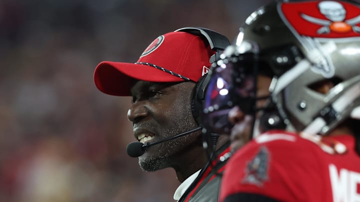 Jan 12, 2025; Tampa, Florida, USA; Tampa Bay Buccaneers head coach Todd Bowles during the first quarter of a NFC wild card playoff against the Washington Commanders at Raymond James Stadium. Mandatory Credit: Kim Klement Neitzel-Imagn Images
