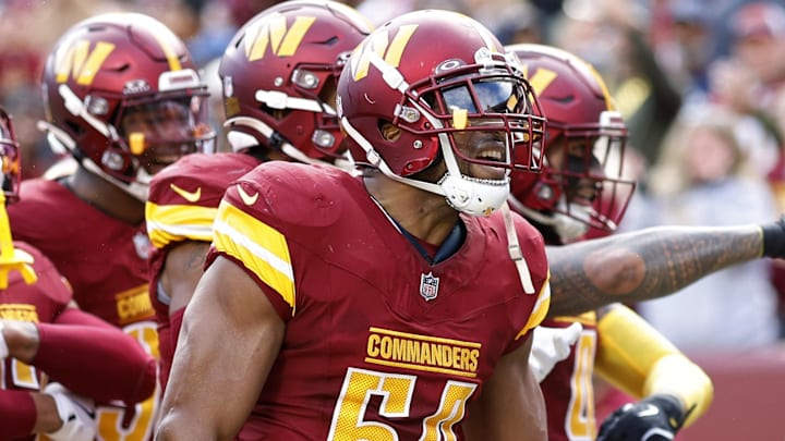 Nov 24, 2024; Landover, Maryland, USA; Washington Commanders linebacker Bobby Wagner (54) celebrates with teammates after recovering a fumble against the Dallas Cowboys during the first half at Northwest Stadium. Mandatory Credit: Geoff Burke-Imagn Images