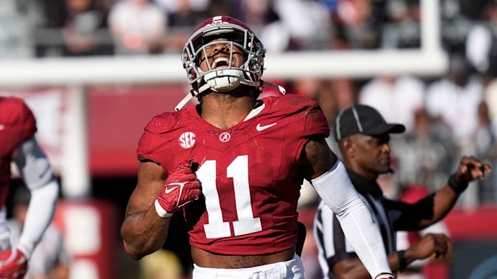 Nov 16, 2024; Tuscaloosa, AL, USA; Alabama Crimson Tide linebacker Jihaad Campbell (11) celebrates after sacking Mercer quarterback Whitt Newbauer (8) at Bryant-Denny Stadium. Mandatory Credit: Gary Cosby Jr.-Tuscaloosa News