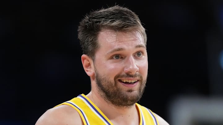 Mar 6, 2026; Los Angeles, California, USA; Los Angeles Lakers guard Luka Doncic (77) reacts against the Indiana Pacers in the second half at Crypto.com Arena. Mandatory Credit: Kirby Lee-Imagn Images