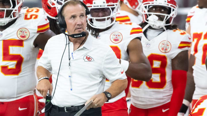 Aug 9, 2025; Glendale, Arizona, USA; Kansas City Chiefs defensive coordinator Steve Spagnuolo against the Arizona Cardinals during a preseason NFL game at State Farm Stadium.