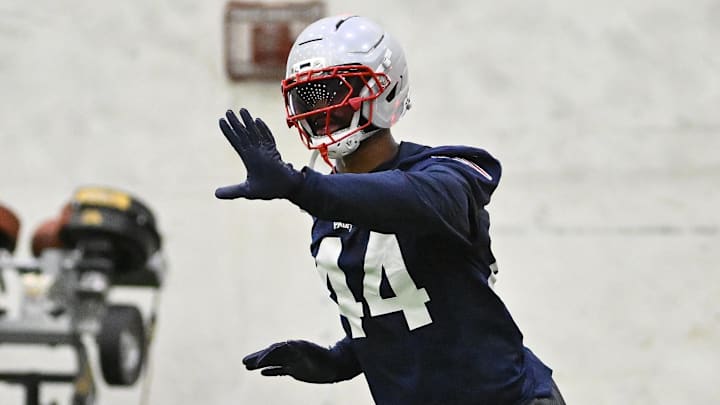 Jun 10, 2025; Foxborough, MA, USA; New England Patriots linebacker K'Lavon Chaisson (44) runs through a drill during minicamp held in the WIN Field House at Gillette Stadium. Mandatory Credit: Eric Canha-Imagn Images
