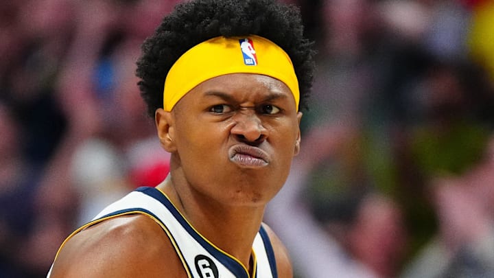 Apr 2, 2023; Denver, Colorado, USA; Denver Nuggets forward Peyton Watson (8) reacts to his score in the second half against the Golden State Warriors at Ball Arena. Mandatory Credit: Ron Chenoy-Imagn Images