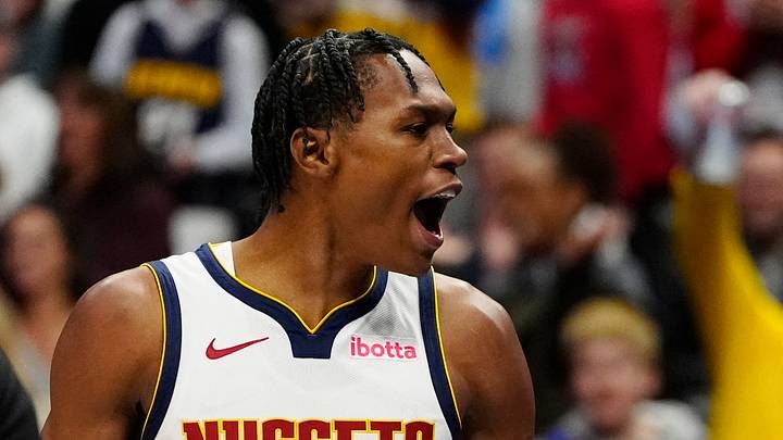 Jan 1, 2025; Denver, Colorado, USA; Denver Nuggets forward Peyton Watson (8) reacts toward the crowd in the second half against the Atlanta Hawks at Ball Arena. Mandatory Credit: Ron Chenoy-Imagn Images Jan 1, 2025; Denver, Colorado, USA; Denver Nuggets forward Peyton Watson (8) reacts toward the crowd in the second half against the Atlanta Hawks at Ball Arena. Mandatory Credit: Ron Chenoy-Imagn Images