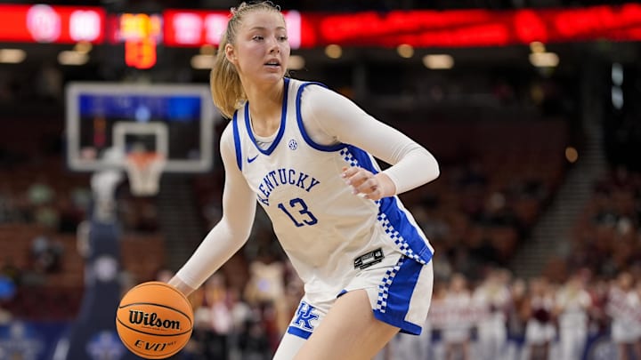 Mar 7, 2025; Greenville, SC, USA;  Kentucky Wildcats center Clara Strack (13) handles the ball against the Oklahoma Sooners during the second half at Bon Secours Wellness Arena. Mandatory Credit: Jim Dedmon-Imagn Images
