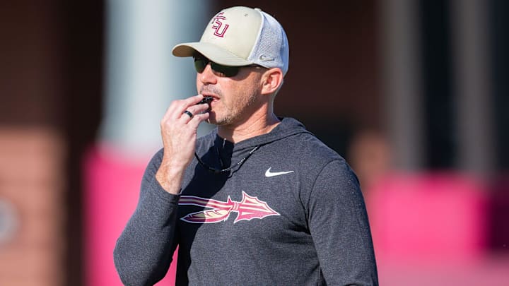 Florida State head coach Mike Norvell leads practice Thursday, April 9, 2026.