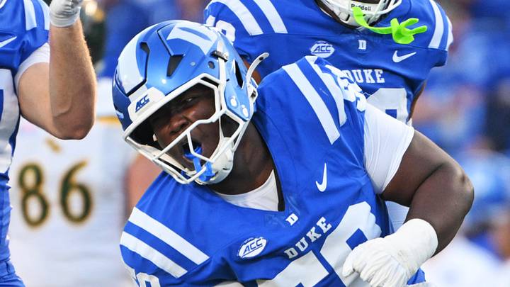 Sep 26, 2026; Durham, North Carolina, USA; Duke Blue Devils defensive tackle Chadwicke Cannon Jr. (50) reacts after a tackle against the William & Mary Tribe with defensive end Tommy Rupley (90), defensive tackle Dakota Quinonez (99), and defensive end Semaj Turner (43) during the fourth quarter at Wallace Wade Stadium. Mandatory Credit: Zachary Taft-Imagn Images Sep 26, 2026; Durham, North Carolina, USA; Duke Blue Devils defensive tackle Chadwicke Cannon Jr. (50) reacts after a tackle against the William & Mary Tribe with defensive end Tommy Rupley (90), defensive tackle Dakota Quinonez (99), and defensive end Semaj Turner (43) during the fourth quarter at Wallace Wade Stadium. Mandatory Credit: Zachary Taft-Imagn Images