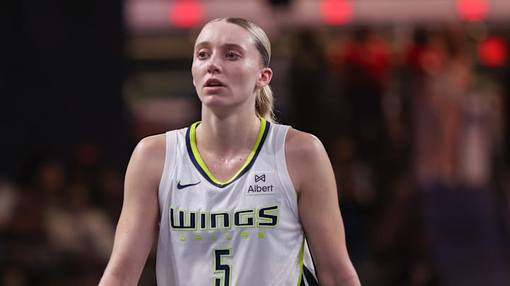 Aug 29, 2025; College Park, Georgia, USA; Dallas Wings guard Paige Bueckers (5) in action against the Atlanta Dream in the fourth quarter at Gateway Center Arena at College Park. Mandatory Credit: Brett Davis-Imagn Images