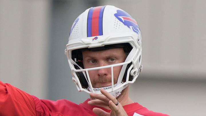 Bills quarterback Shane Buechele throws a pass to a tight end during drills at Bills Training Camp at St. John Fisher University in Pittsford on Aug. 1, 2026. Bills quarterback Shane Buechele throws a pass to a tight end during drills at Bills Training Camp at St. John Fisher University in Pittsford on Aug. 1, 2026.