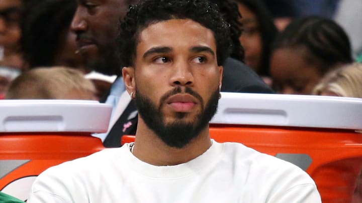 Oct 8, 2025; Memphis, Tennessee, USA; Boston Celtics forward Jayson Tatum (0) looks on from the bench during the second quarter against the Memphis Grizzlies at FedExForum. Mandatory Credit: Petre Thomas-Imagn Images