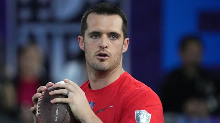 Feb 2, 2023; Henderson, NV, USA; Las Vegas Raiders quarterback Derek Carr (4) throws the ball during the Pro Bowl Skills competition at the Intermountain Healthcare Performance Facility. Mandatory Credit: Kirby Lee-Imagn Images