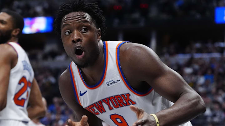 Mar 6, 2026; Denver, Colorado, USA; New York Knicks forward Og Anunoby (8) reacts in the second quarter against the Denver Nuggets at Ball Arena. Mandatory Credit: Ron Chenoy-Imagn Images