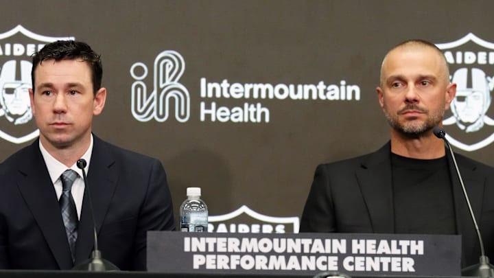 Feb 10, 2026; Henderson, NV, USA;  Las Vegas Raiders coach Klint Kubiak (left) and general manager John Spytek at introductory press conference at Intermountain Health Performance Center. Mandatory Credit: Kirby Lee-Imagn Images