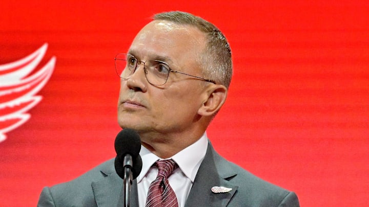 Jul 7, 2022; Montreal, Quebec, CANADA; Detroit Red Wings general manager Steve Yzerman announces Marco Kasper (not pictured) as the number eight overall pick to the Detroit Red Wings in the first round of the 2022 NHL Draft at Bell Centre. Mandatory Credit: Eric Bolte-Imagn Images