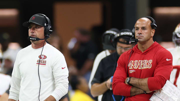 San Francisco 49ers head coach Kyle Shanahan (L) and defensive coordinator Robert Saleh (R) San Francisco 49ers head coach Kyle Shanahan (L) and defensive coordinator Robert Saleh (R)
