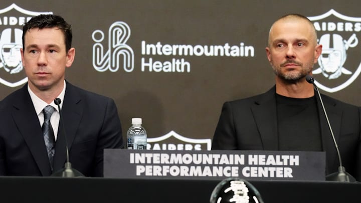 Feb 10, 2026; Henderson, NV, USA; Las Vegas Raiders coach Klint Kubiak (left) and general manager John Spytek at introductory press conference at Intermountain Health Performance Center. Mandatory Credit: Kirby Lee-Imagn Images Feb 10, 2026; Henderson, NV, USA; Las Vegas Raiders coach Klint Kubiak (left) and general manager John Spytek at introductory press conference at Intermountain Health Performance Center. Mandatory Credit: Kirby Lee-Imagn Images